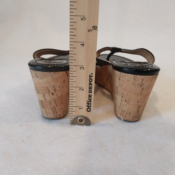 Coach 6.5 Strappy Sandal Wedge Cork Black Patent Leather Jorgina Signature Thong - Picture 3 of 13